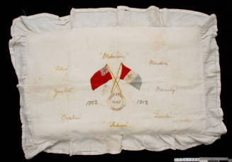 Embroidery by Annette MacGilivray commemorating the ships her husband had served on from 1902 to 1908 and especially GUTHRIE on which she met him in 1907
