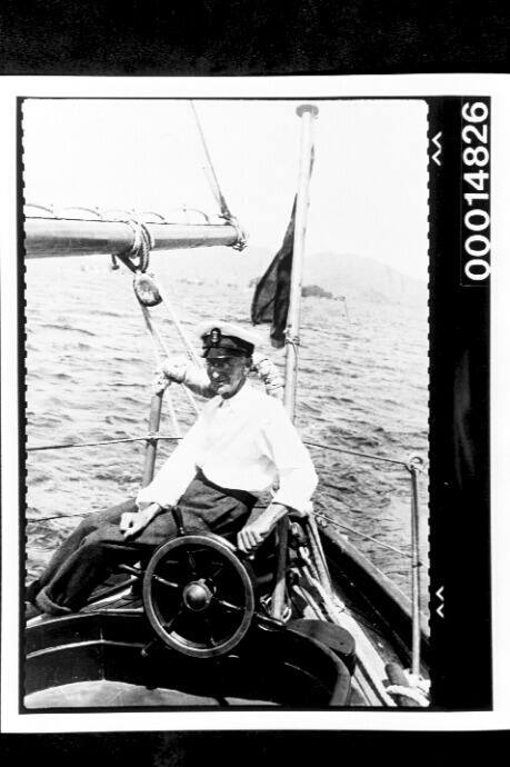 Harold Nossiter Snr at the cockpit of yacht SIRIUS, Trinidad, West Indies