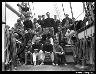 Crew of JOSEPH CONRAD singing on deck while at anchor in Double Bay, Sydney