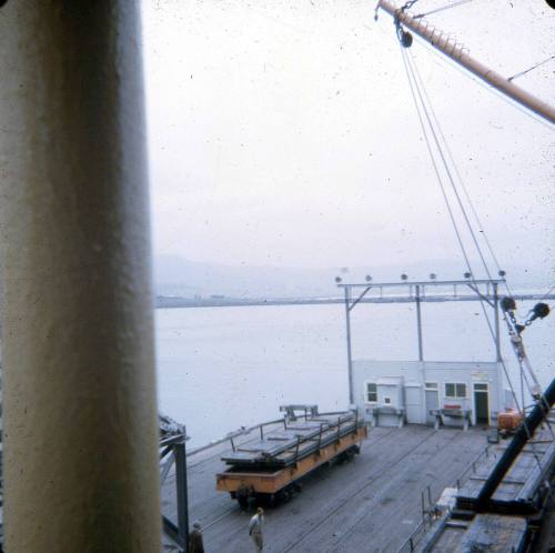 Slide depicting the stern of a cargo vessel with a mast in the right hand side