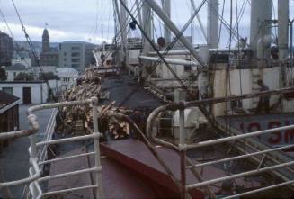 Slide depicting vessel with wooden planks tied together on deck