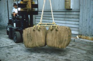 Slide depicting two bails of material in hessian bags