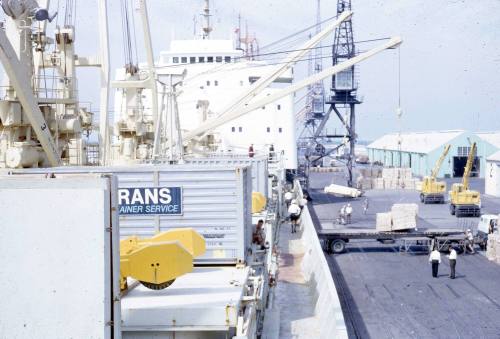 Slide depicting ship cranes moving cargo from trucks on wharf