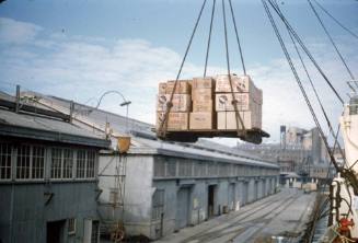 Slide depicting a large stack of boxes being lifted by crane on pallet off a ship