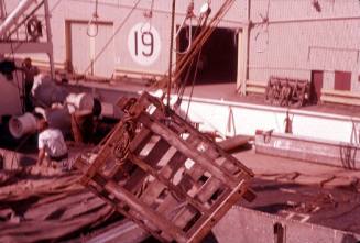 Slide depicting wooden pallets hanging from rope being lowered into hatch of a ship