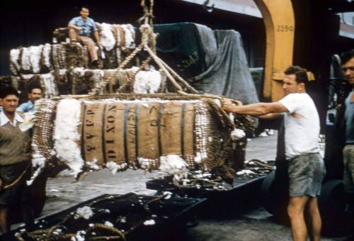 Slide depicting a bundle of wool cargo about to be moved by crane