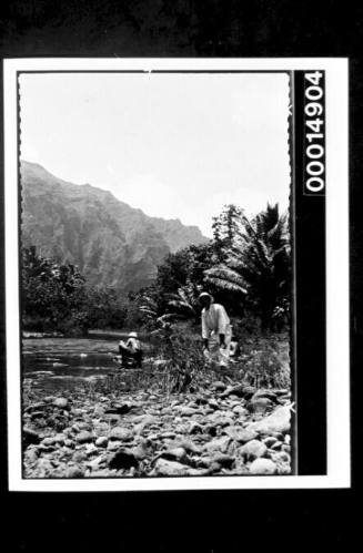 The Nossiters take a break at the edge of a stream, Nuku Hiva Island