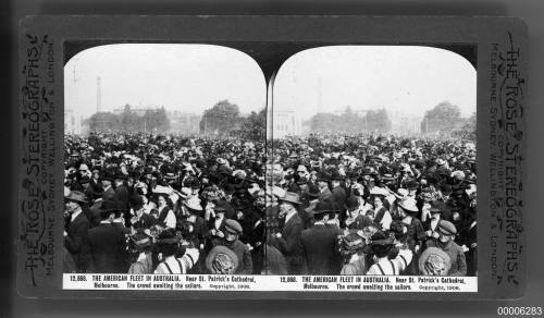 American fleet in Australia, crowd waiting near Saint Patrick's Cathedral