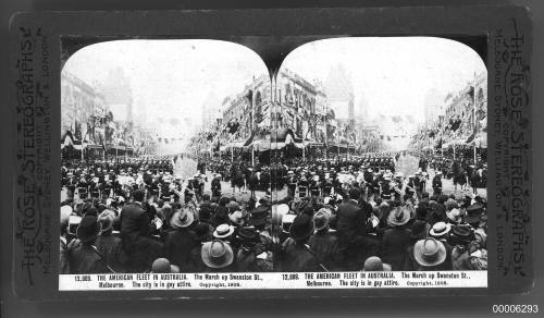 American fleet in Australia marching up Swanston Street, Melbourne