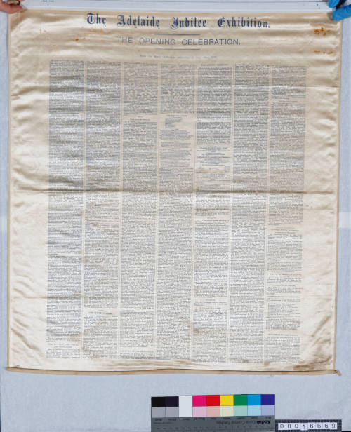 Silk souvenir of the Adelaide Jubilee Exhibition, originally printed on 22nd June 1887 and reprinted in 1912