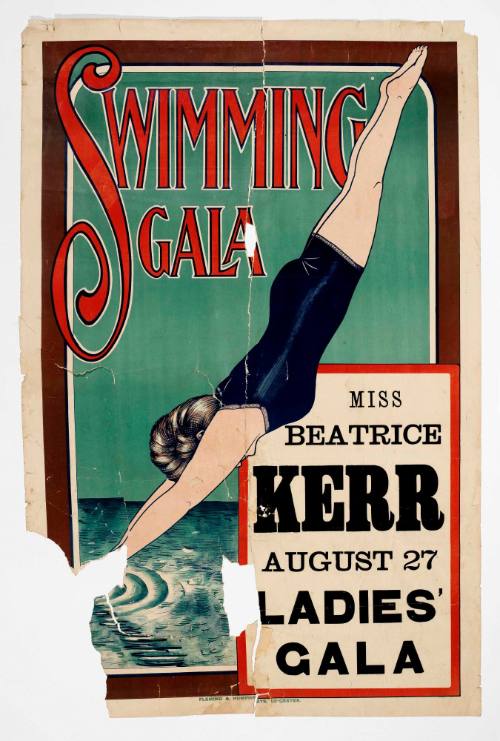 Collection of swimming club posters relating to the career of Beatrice Kerr