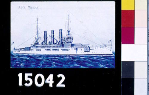 USS "MISSOURI", ILLUSTRATED OFFSET PRINT ON CARDBOARD