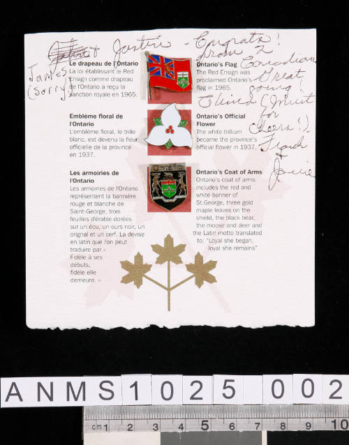 Congratulatory note to Justin and James written on a card with three Ontario Canada souvenir pins
