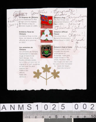 Congratulatory note to Justin and James written on a card with three Ontario Canada souvenir pins