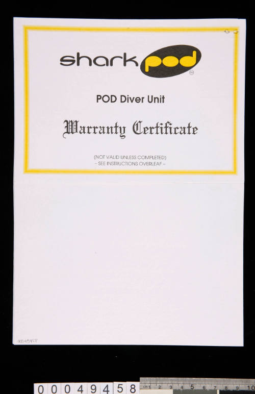 Shark Pod diving protection unit warranty certificate