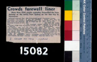'Crowds farewell liner' newspaper clipping