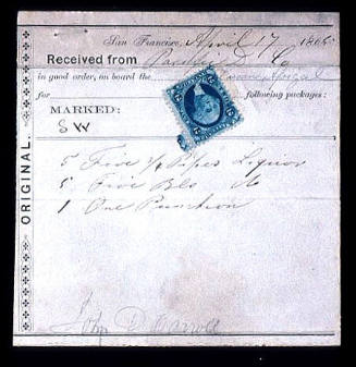 Receipt for goods to go aboard the JIREH SWIFT, 1865