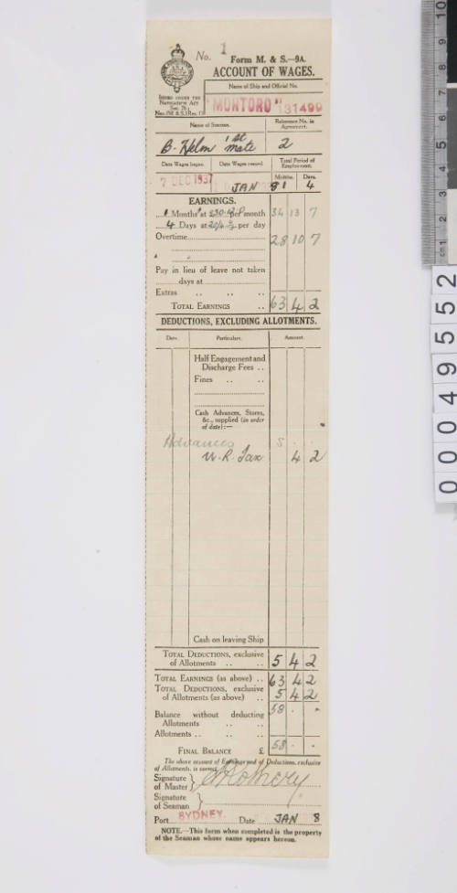 Account of wages for Basil Helm aboard the MONTORO