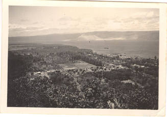 Photograph depicting an aerial view down onto a coastal town and harbour