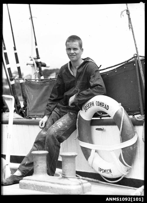 Crew member Andrew Lindsay on the deck of JOSEPH CONRAD