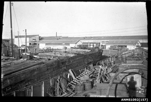 This image captures the view of a ships fore deck under repair or construction