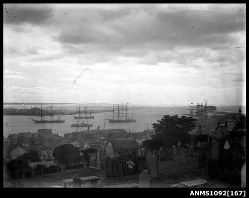 Newcastle harbour from Christ Church cemetery looking toward Nobbys Head Lighthouse