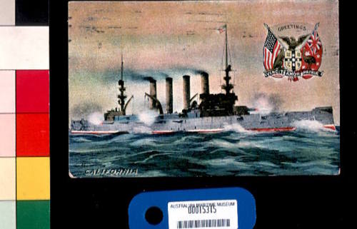 UNITED STATES BATTLESHIP "CALIFORNIA", PRINTED COLOUR OFF-SET LITHOGRAPHIC PRINT SET ON CARD