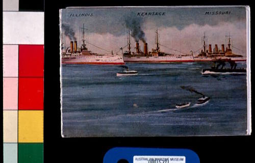 Exploded six panel postcard of US battleship squadron, Hampton Roads, Jamestown, Virginia, c1908