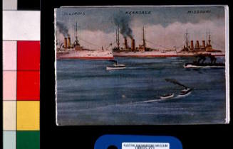 Exploded six panel postcard of US battleship squadron, Hampton Roads, Jamestown, Virginia, c1908