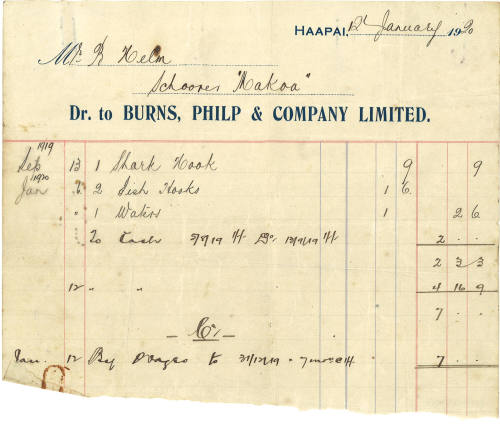 Ledger page with handwritten accounts for B Helm of the schooner MAKOA