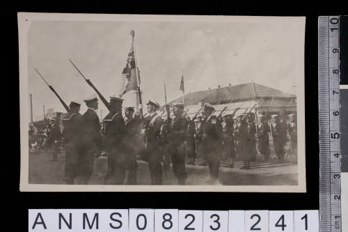 Silver gelatin photograph depicting large group of sailor's during ceremony