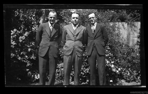 Three unidentified men in a garden