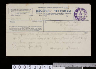 Telegram sent to Basil Helm by the Marine Board