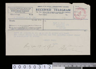 Telegram sent to Basil Helm by the Marine Board