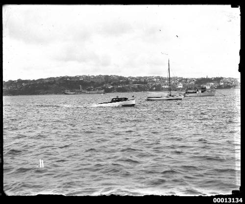 Speedboat racing across Rose Bay, Sydney Harbour