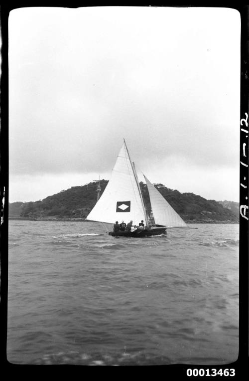 18-foot skiff NERANG sailing past Bradleys Head, Sydney Harbour