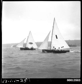 MYRA TOO (NSW) and CULEX III (QLD) competing in the 1951 World's 18-foot skiffs Championship on Sydney Harbour