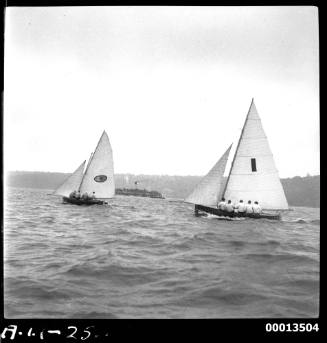 MYRA TOO (NSW) and CULEX III (QLD) competing in the 1951 World's 18-foot skiffs Championship on Sydney Harbour