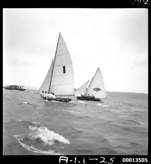 MYRA TOO (NSW) and CULEX III (QLD) competing in the 1951 World's 18-foot skiffs Championship on Sydney Harbour