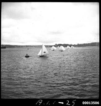 MYRA TOO competing in the 1951 World's 18-foot skiffs Championship on Sydney Harbour
