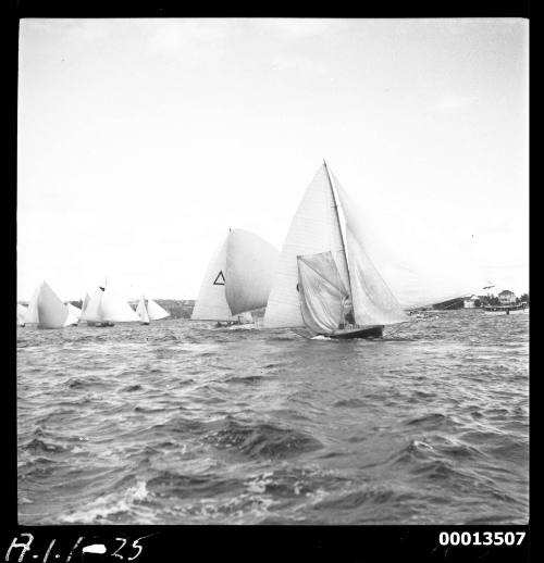 MYRA TOO experiencing a ringtail jam during the 1951 World's 18-foot skiffs Championship on Sydney Harbour