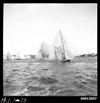 MYRA TOO experiencing a ringtail jam during the 1951 World's 18-foot skiffs Championship on Sydney Harbour