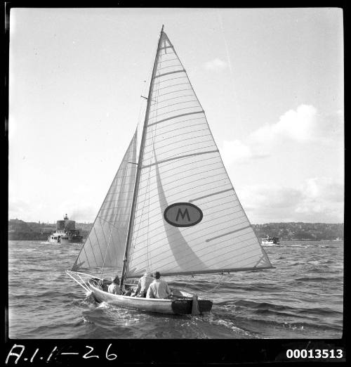 Champion 18-foot skiff MYRA TOO sailing near Fort Denison, Sydney Harbour