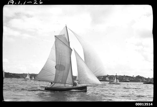 MYRA TOO experiencing a ringtail jam during a heat of the 1951 World's 18-foot skiffs Championship on Sydney Harbour