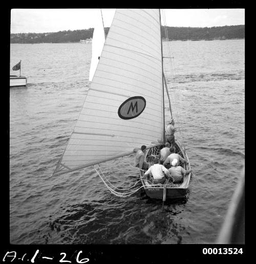 Crew of 18-foot skiff MYRA TOO soon after receiving the championship ribbon, Sydney Harbour