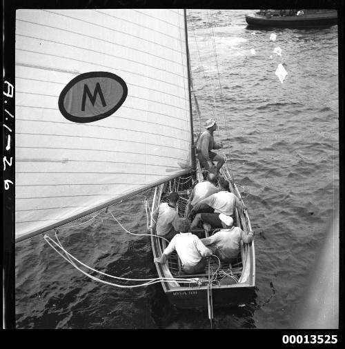 Crew of 18-foot skiff MYRA TOO soon after receiving the championship ribbon, Sydney Harbour