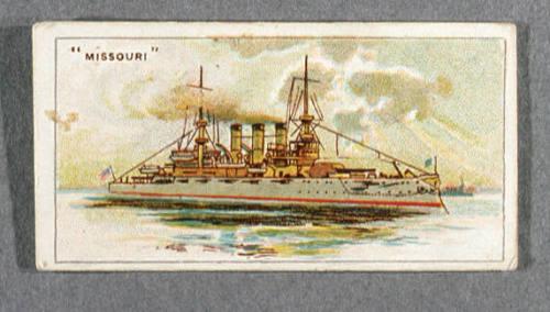 Cigarette card featuring US battleship MISSOURI