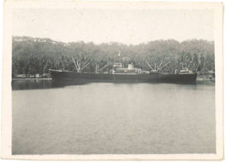 Photograph depicting a dark hulled vessel moored at tropical island
