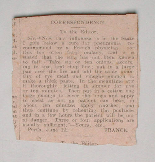 Clipping of a letter to the editor detailing a treatment for pneumonia