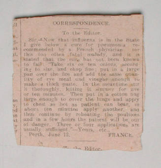 Clipping of a letter to the editor detailing a treatment for pneumonia